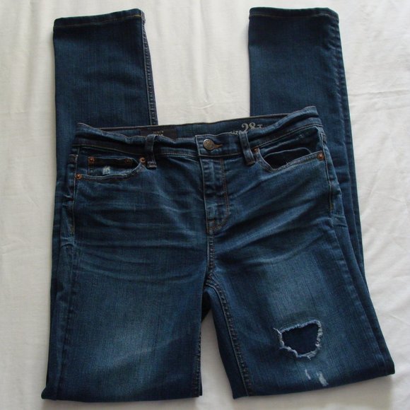 J. CREW Medium-Dark Wash PATCHED & DISTRESSED "REID" Jeans Sz 28T (32 In) - Picture 1 of 7